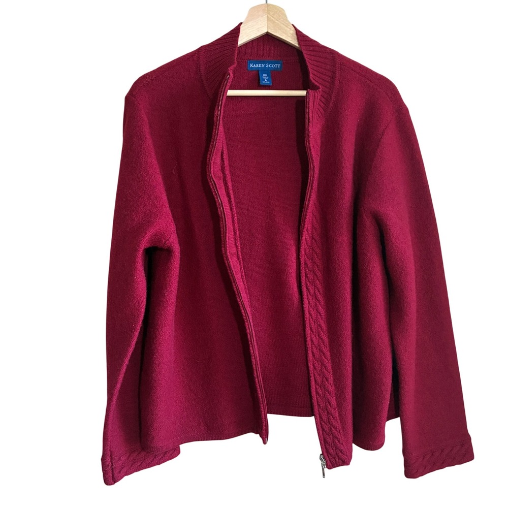 Vintage Karen Scott Wool Full Zip Cardigan Sweater L Burgundy Womens Cable Knit